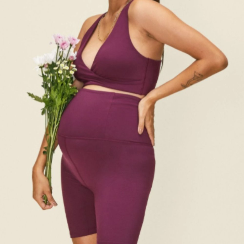 Girlfriend Collective Maternity Bike Shorts in Plum Size Medium